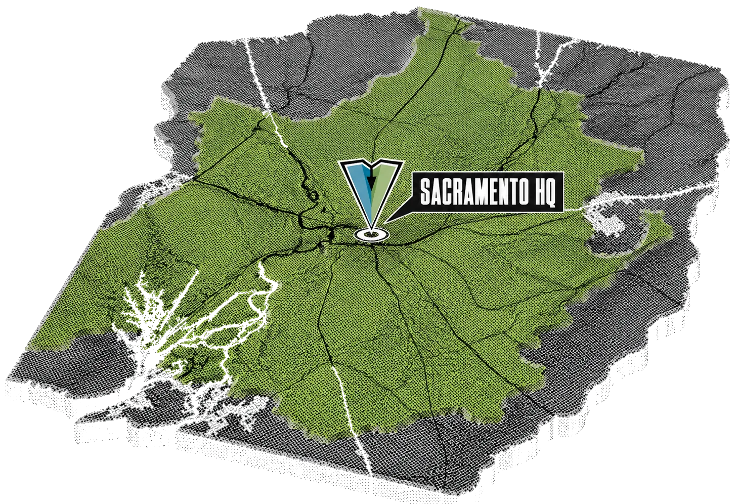 Illustrated map of the Sacramento region showing the Artworks Graphic Installs headquarters and service area