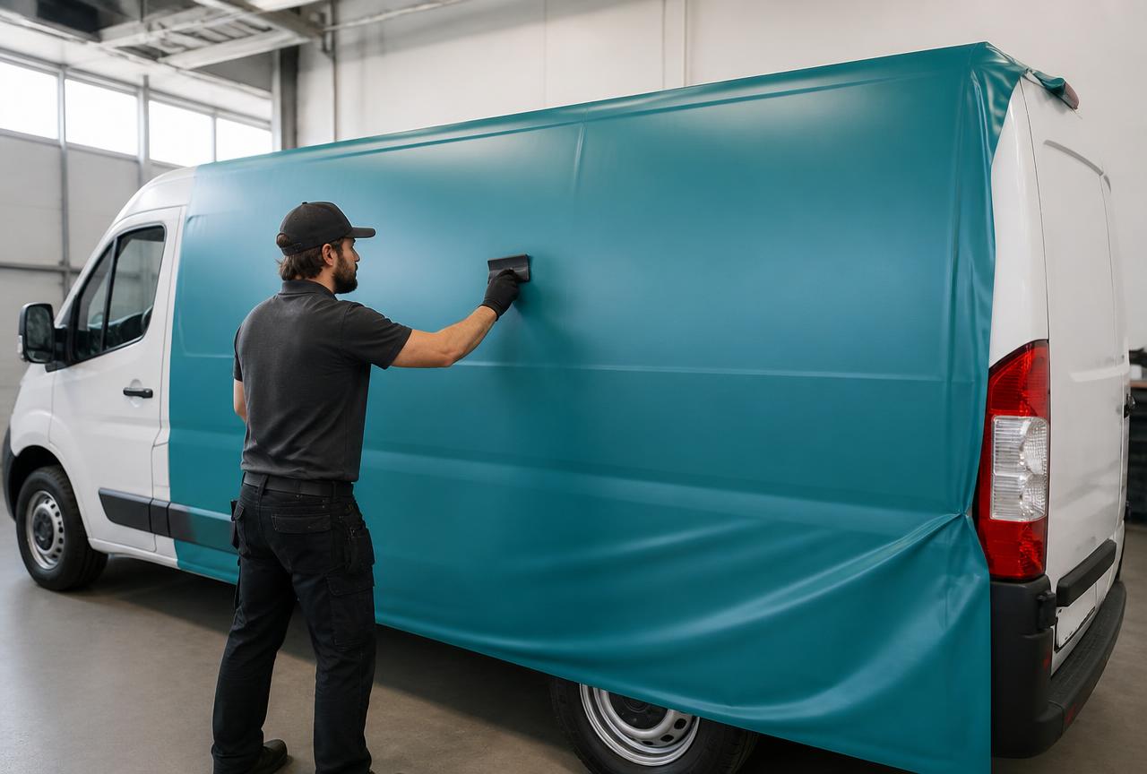 Commercial cargo van finished with a full-color vinyl wrap