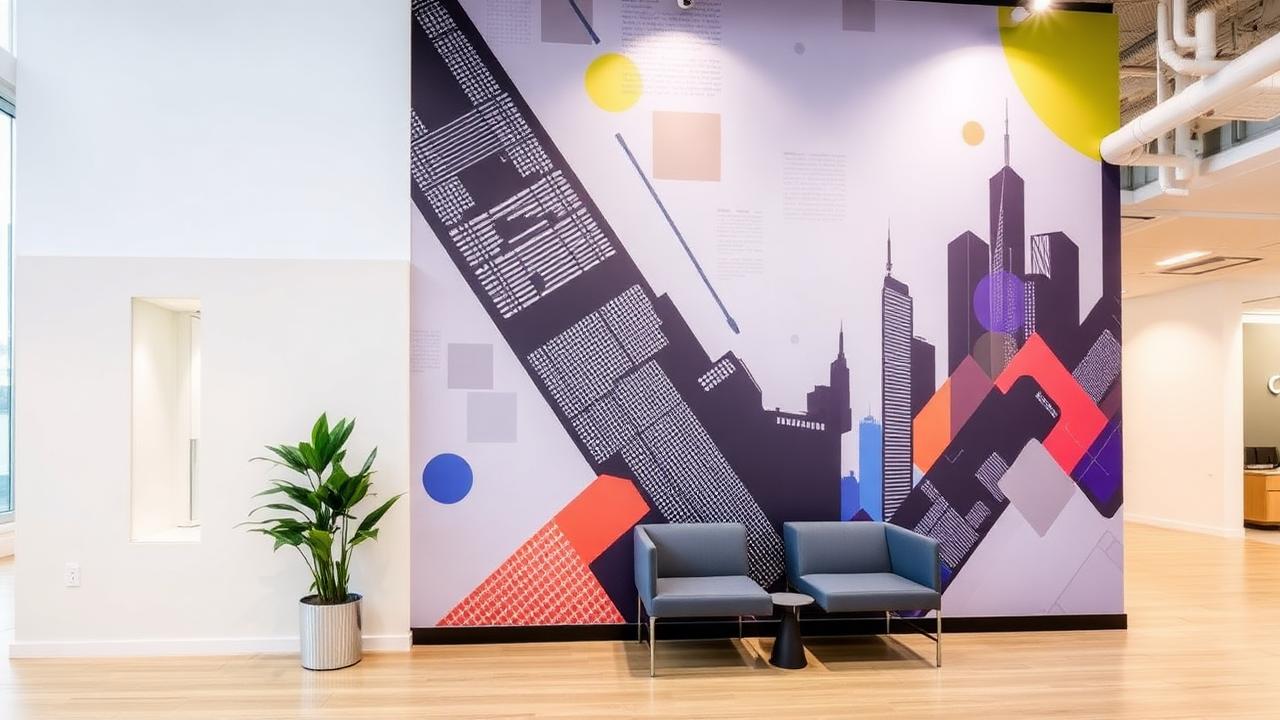 Printed graphic wall mural covering a corporate lobby wall