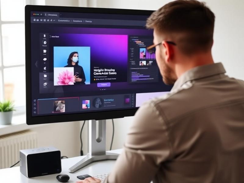 Designer reviewing a branded graphic layout on a studio monitor